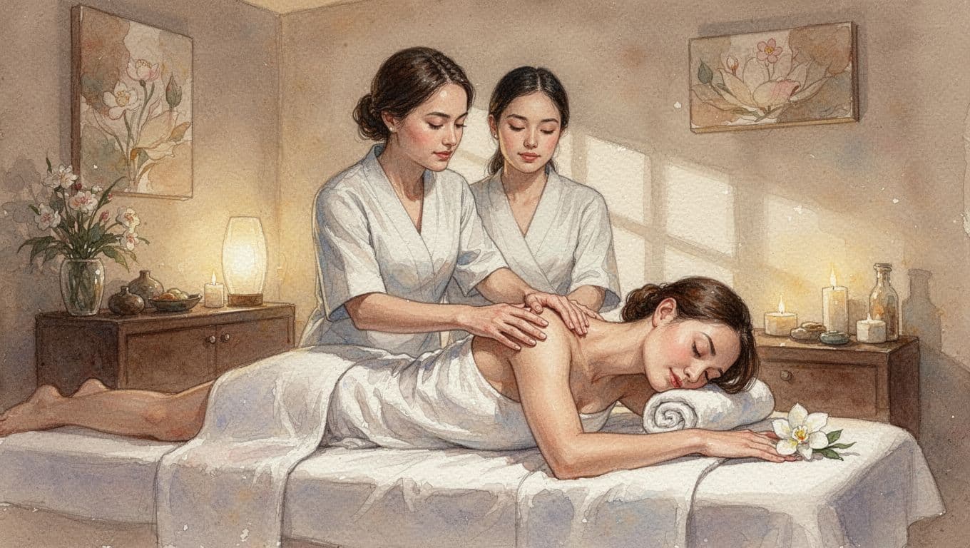 A professional therapist performs a soothing shoulder massage on a client inside a serene spa. The artwork uses watercolor techniques to showcase earthy colors, soft textures, and fluid brush strokes.