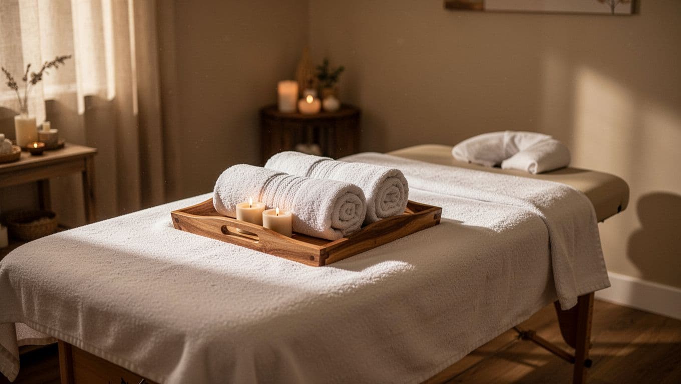 A clean massage table and rolled towels on a wooden tray in a warm spa room.