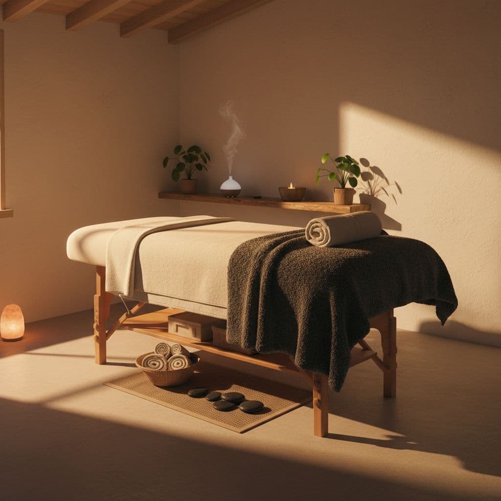 A professional massage table sits centered in a dimly lit room, draped in crisp white linens. Warm ambient glow highlights the wooden surfaces and soft textures, creating a tranquil environment.