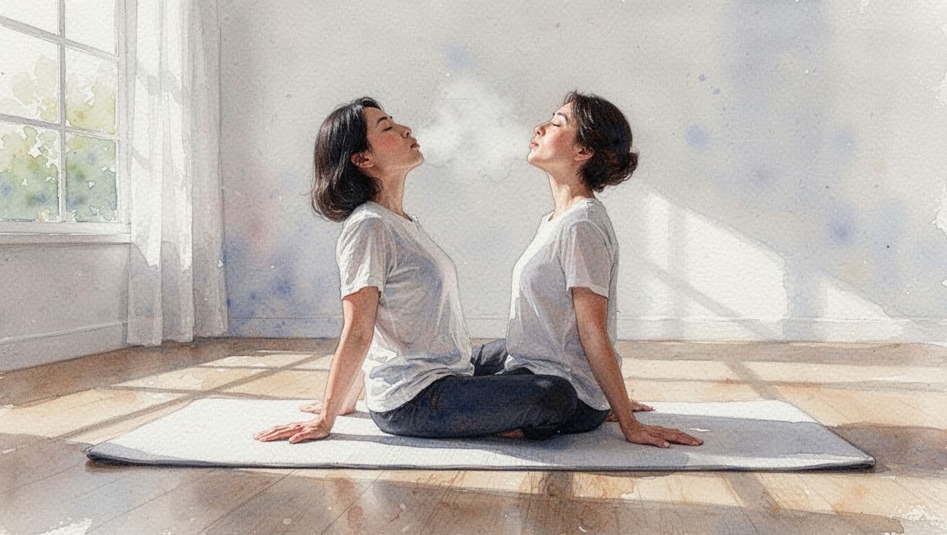 A relaxed individual sits cross-legged on a woven floor mat within a sun-drenched, airy room. Soft watercolor brushstrokes define their posture, capturing a sense of profound serenity and physical ease.