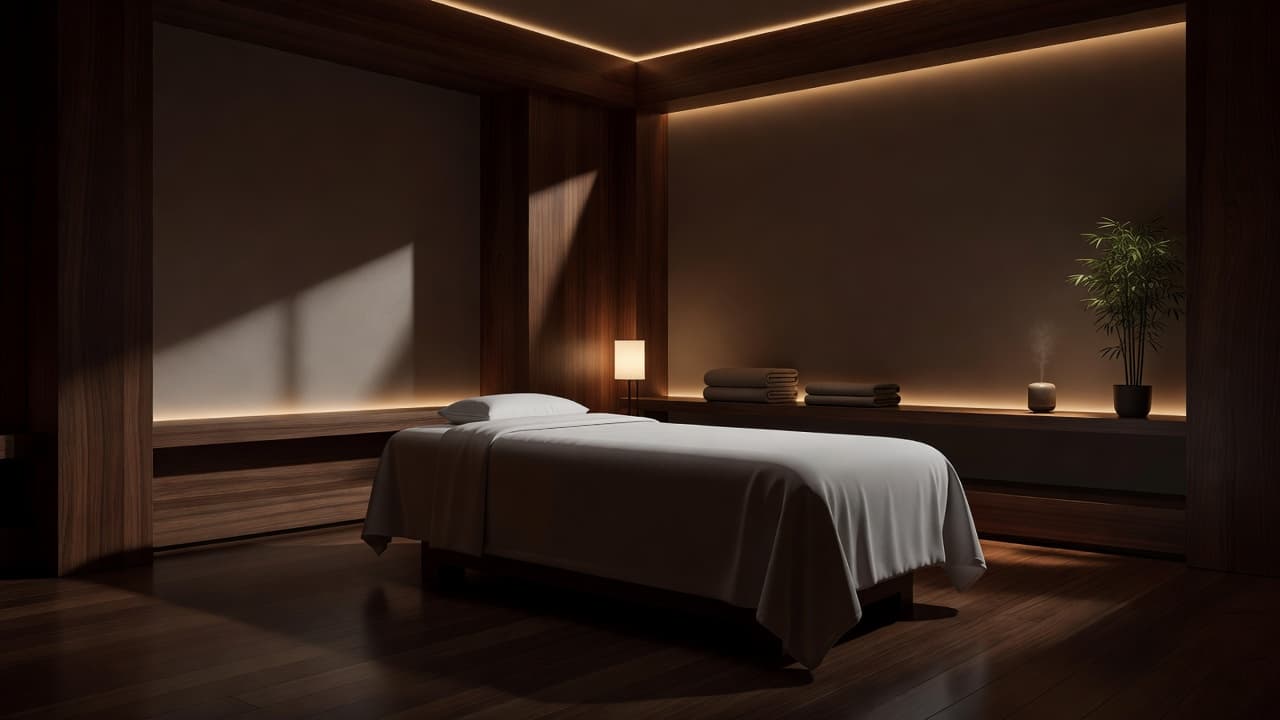 A clean massage table sits centered in a minimalist room featuring warm wooden walls. Soft cinematic lighting casts deep, calming shadows across the elegant space, highlighting the restorative, professional treatment atmosphere.