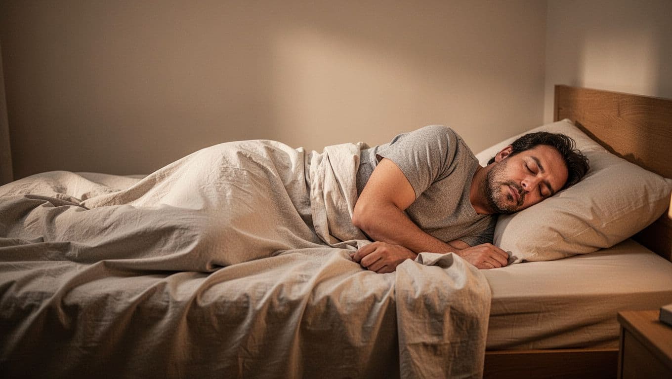 A relaxed adult sleeping peacefully in a cozy bed with soft warm lighting in a simple bedroom, full body side angle view under light sheets, featuring bold 'Goodbye Stress' headline on muted dark-green band.