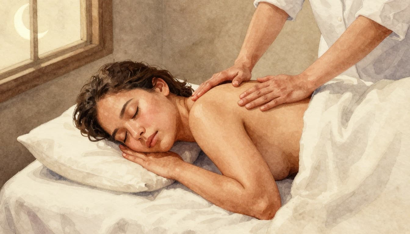 A calm person sleeps peacefully in a simple bedroom at night, with subtle moonlight through the window, evoking deep rest and recovery benefits from massage, in soft watercolor style with warm earthy tones.