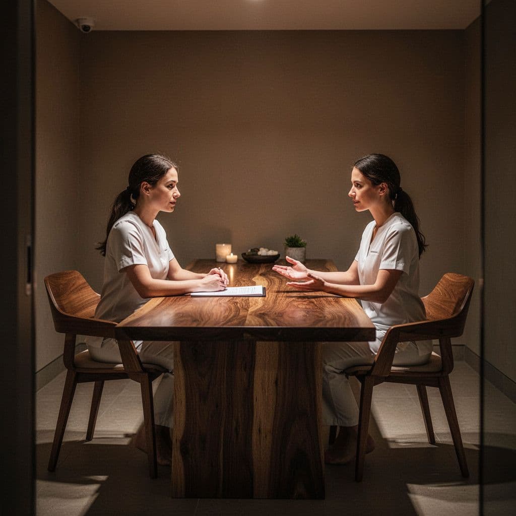A dark wooden table sits between two minimalist chairs within a softly lit room. Warm golden light emanates from hidden fixtures, creating a tranquil environment perfect for discussing personal massage therapy needs.