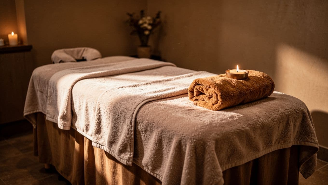 A plush massage table sits centered in a dimly lit room, draped with soft, textured linens. A neatly folded warm towel rests on the surface under the glow of ambient lighting.