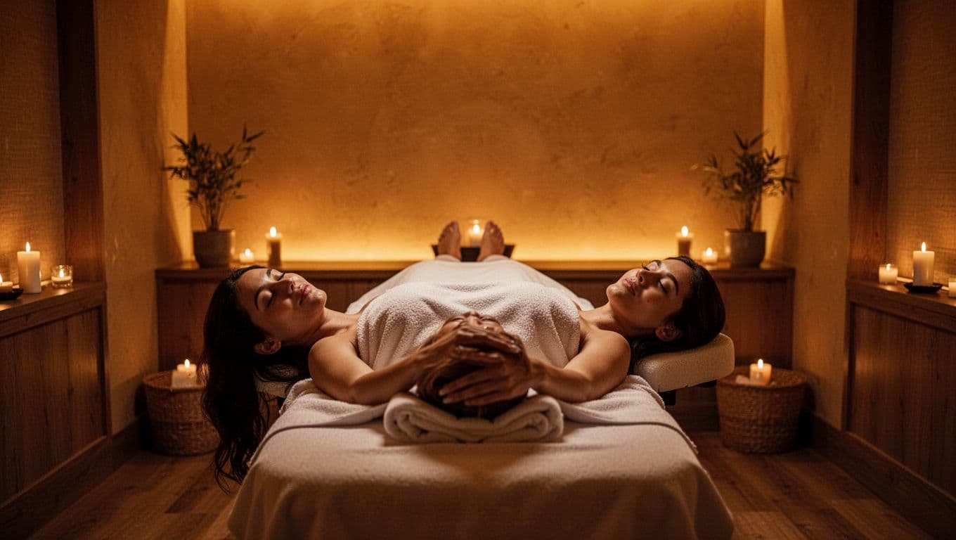 A relaxed person lies face down on a professional massage table within a dimly lit, tranquil room. Warm amber lighting creates soft highlights and deep, restful shadows across the quiet space.
