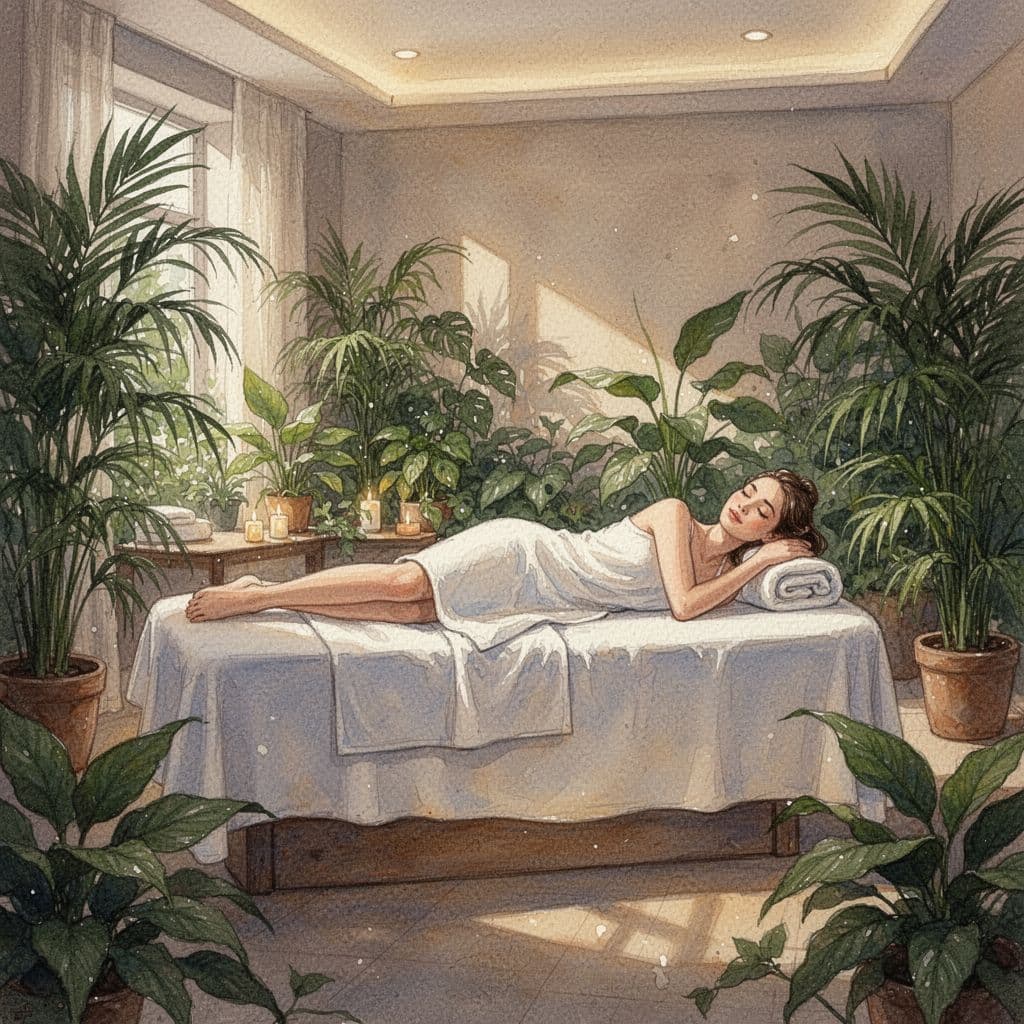A person rests comfortably on a plush massage table within a vibrant, plant-filled room. Soft ambient light bathes the space, highlighting delicate watercolor brush strokes and a tranquil, serene atmosphere.