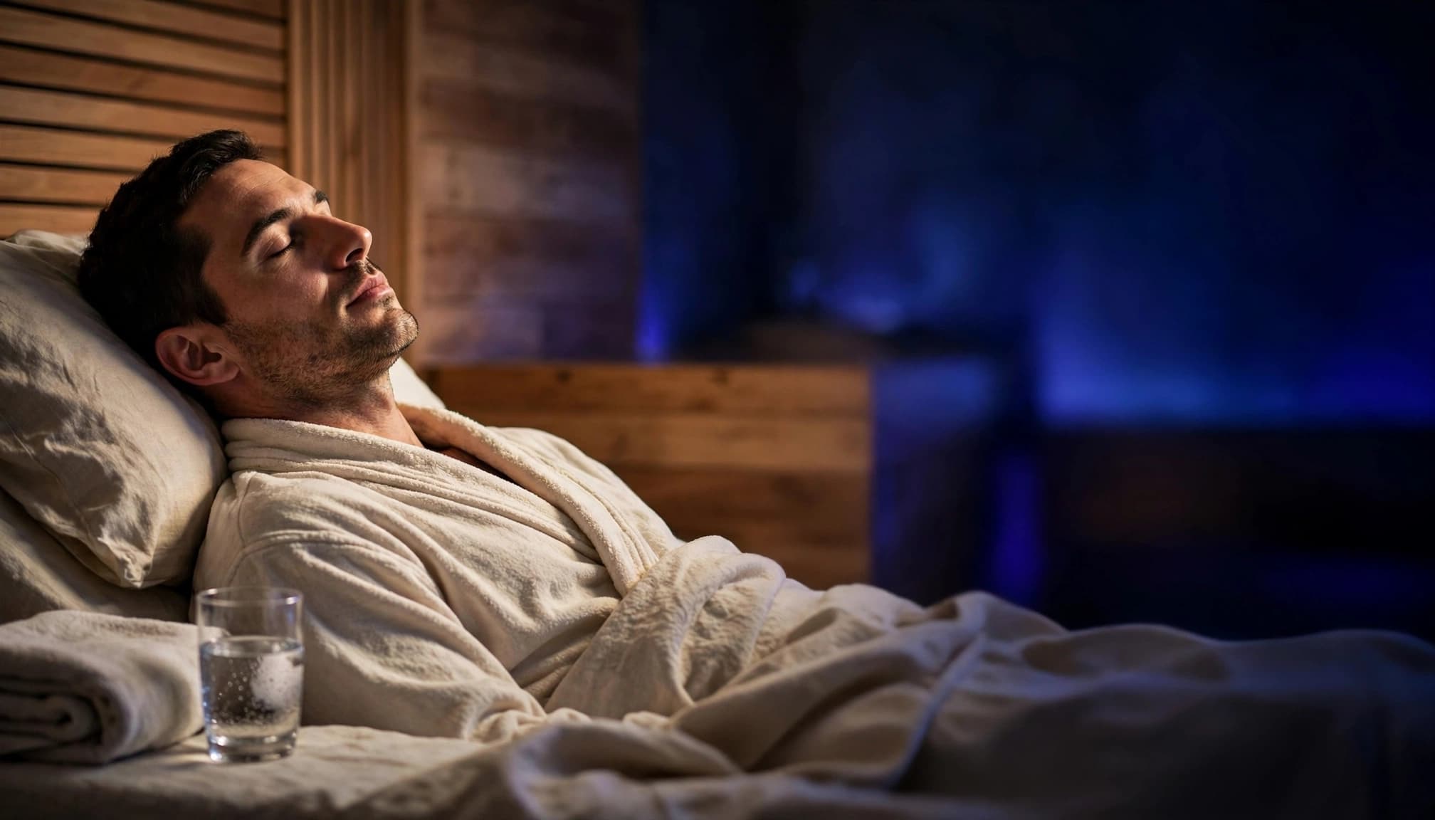 Relaxed client resting on spa linens beside a towel and glass of water.