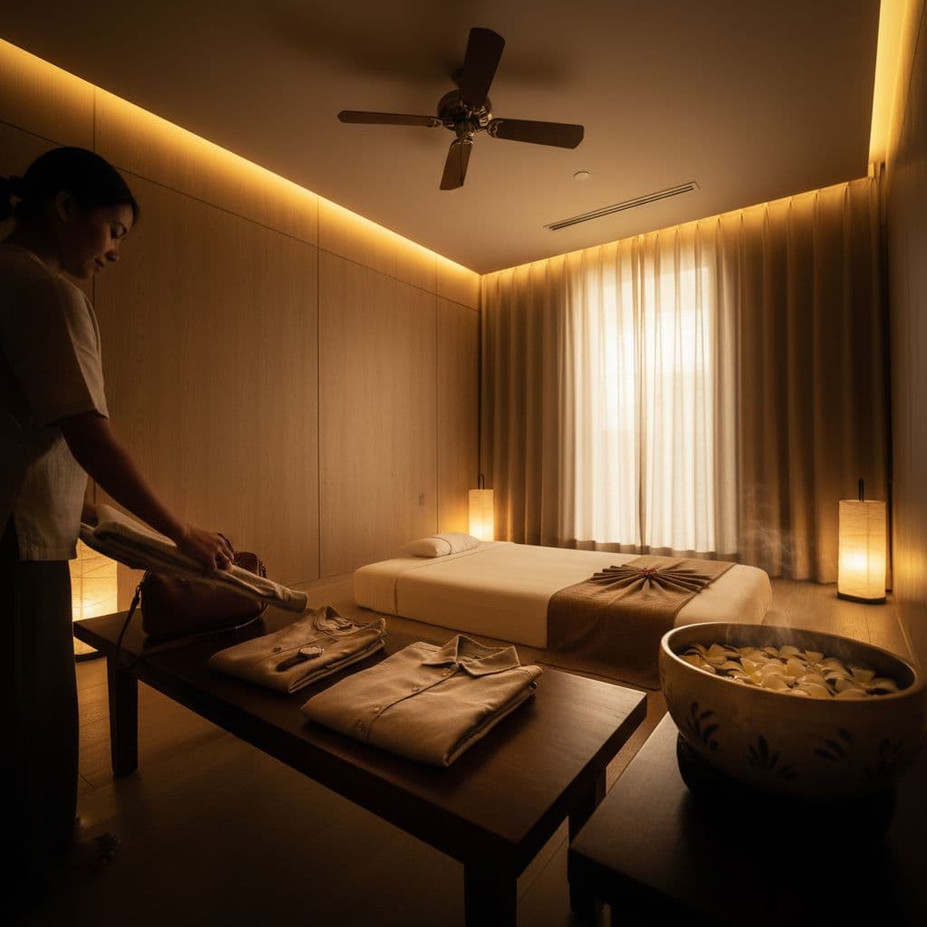 A folded white towel rests neatly atop a wooden massage table in a dimly lit room. Warm ambient light casts soft shadows across the minimalist decor, creating a calm sanctuary environment.