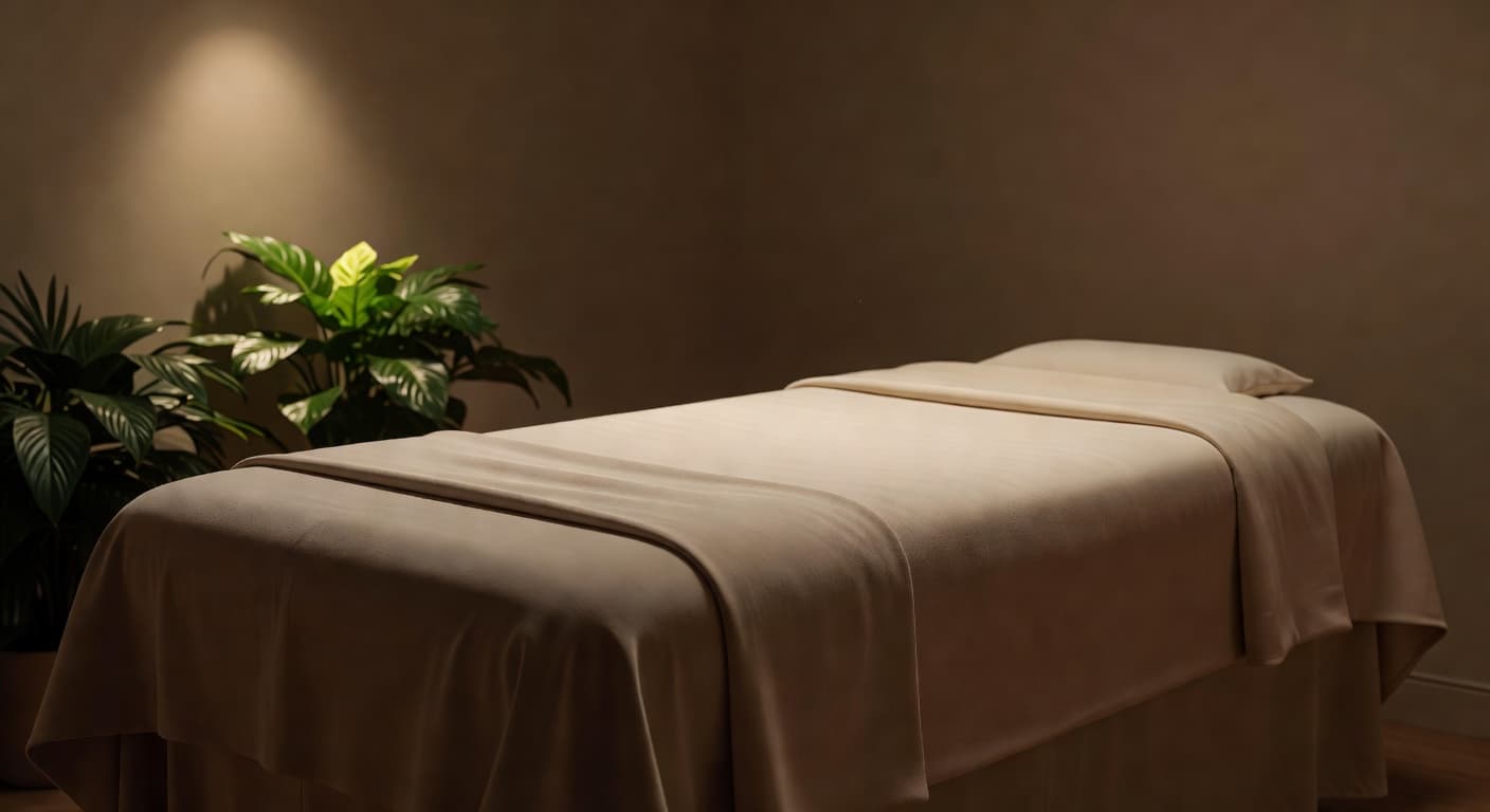 A plush massage table with layered beige linens sits in a darkened chamber. Soft accent lights highlight the textured fabric, while lush green plants create a serene, tranquil atmosphere for wellness.