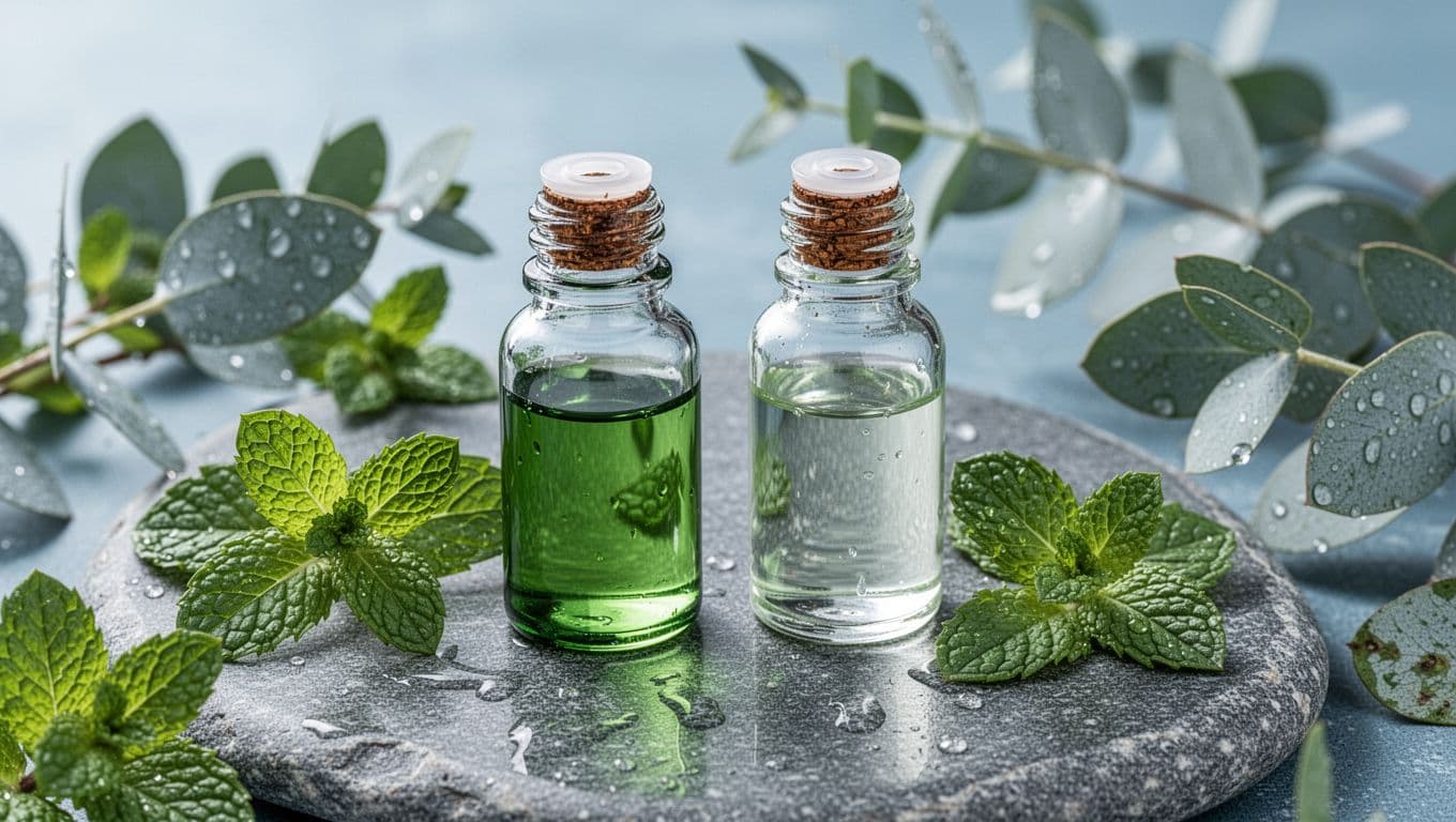 Close-up of clear glass bottles of peppermint and eucalyptus essential oils on a cool stone surface, surrounded by fresh mint leaves and eucalyptus branches with water droplets, in invigorating blue-green tones under natural daylight.