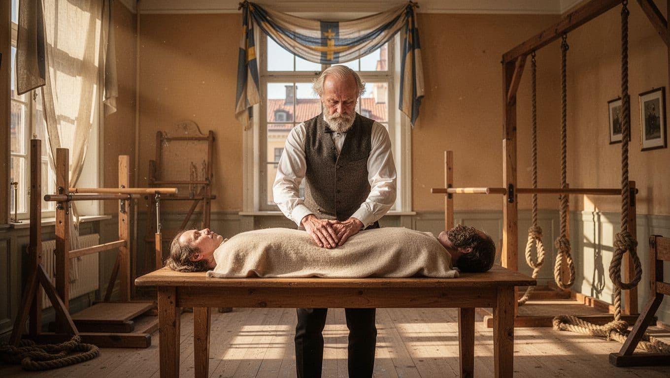 Per Henrik Ling, 19th-century Swedish doctor and gymnast, demonstrates a gentle kneading stroke on a patient's back in a sunlit Stockholm institute room with gymnastic equipment. Realistic historical painting style features warm lighting and a 'Ling's Vision' branded headline band.