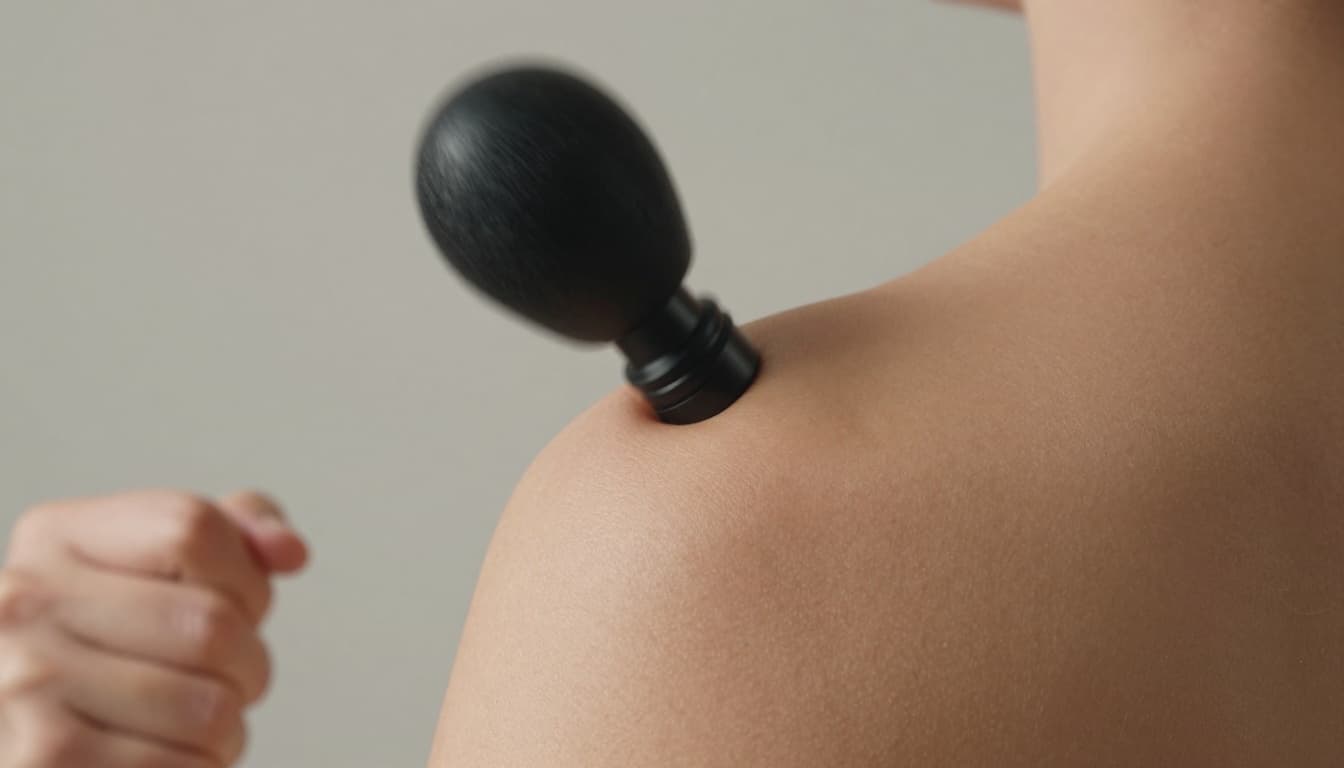 Massage Gun Guide: Benefits, Safe Use, and How to Choose One 2 Close-up view of a handheld massage gun with percussive attachment rapidly tapping a muscular shoulder, featuring motion blur to show fast pulses, realistic skin texture, and soft side lighting.