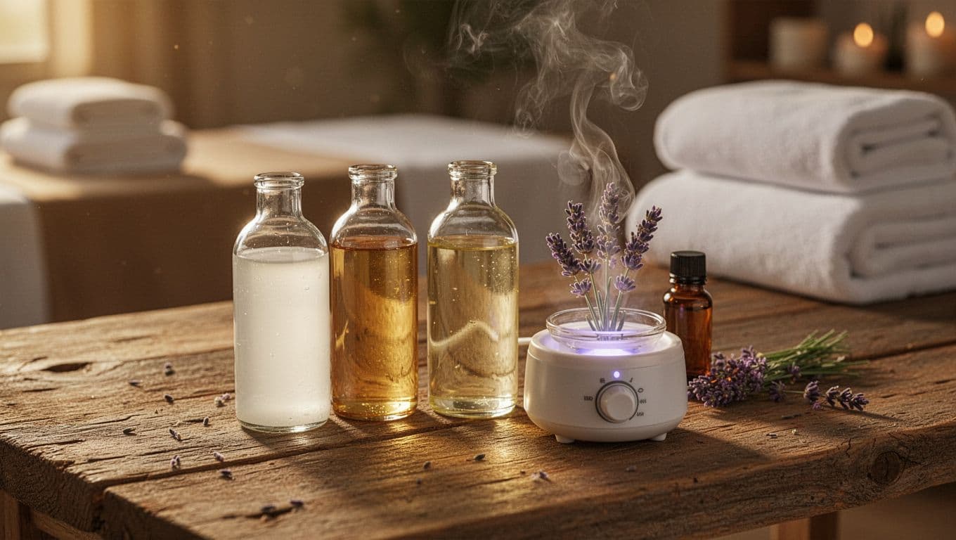 Three clear glass bottles of coconut oil, sweet almond oil, and lavender essential oil on a rustic wooden spa table beside a small electric oil warmer with subtle steam, in a photorealistic spa setting with warm golden-hour lighting and a branded 'Perfect Oils' headline.