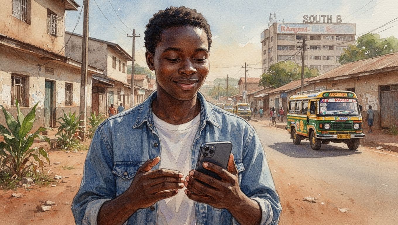 Person in casual clothes holds smartphone with map app angled away, relaxed face on watercolor urban Nairobi street with buildings, plants, matatu, spa sign.