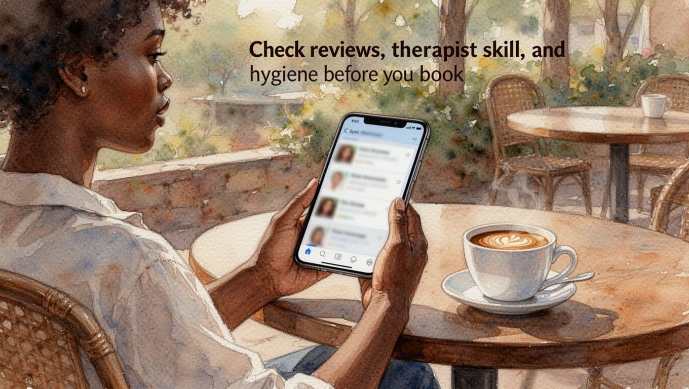 One person relaxes at a Nairobi cafe table, holding a smartphone displaying blurred spa reviews, with a coffee cup nearby, in a peaceful outdoor watercolor setting with warm earthy tones.