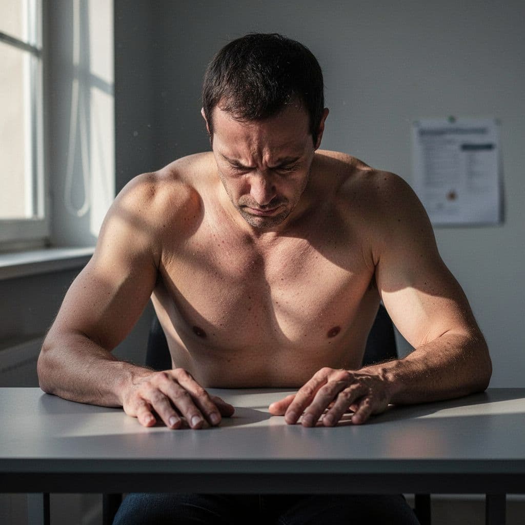 A stressed individual sits at a dark workstation with hunched shoulders and a strained expression. Dramatic lighting highlights the visible tightness and muscle fatigue concentrated around the neck and shoulder area.