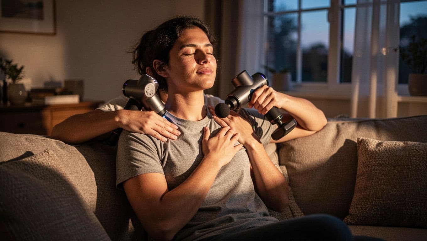 Person in cozy home living room using massage gun on tense shoulders and upper back while sitting on a couch, relaxed expression, cinematic style with dramatic evening lighting.