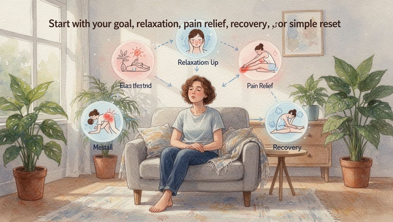 A relaxed person sits in a cozy home surrounded by soft icons representing relaxation, pain relief, and recovery massage benefits, in watercolor style with warm natural light.