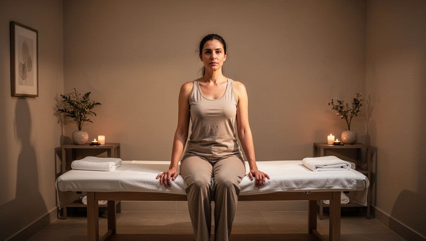 A calm individual sits on the edge of a pristine white massage table within a dim, tranquil studio. Warm amber lighting illuminates the textured towels and minimalist wooden room decor.