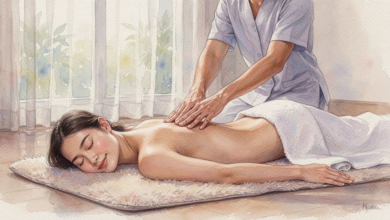 A person lies on a mat while receiving a relaxing Thai massage in soft watercolor style.