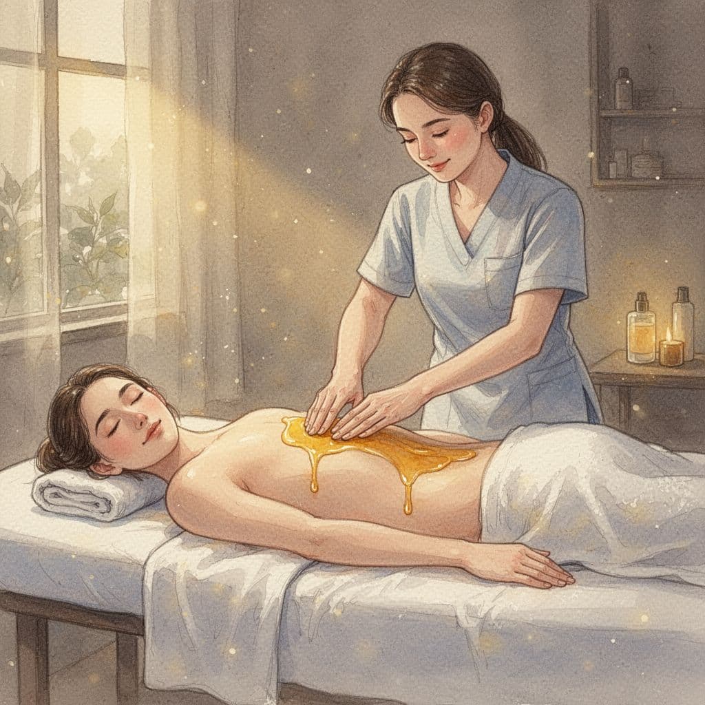 Hot Oil Massage 5 A person lies on a massage table while a therapist applies warm oil to their back.