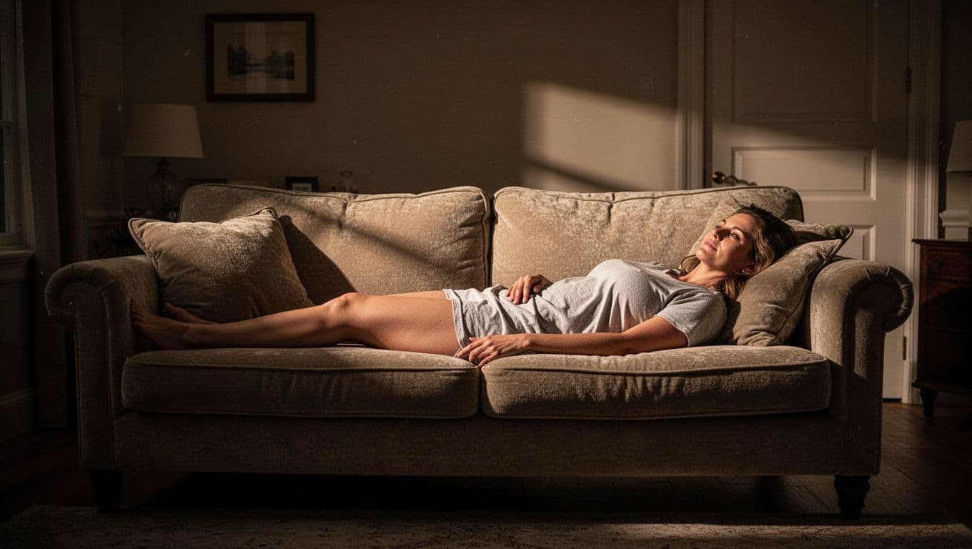 A person rests comfortably on a soft, plush sofa within a quiet room. The space is illuminated by warm, dim light that highlights the peaceful expression on their relaxed face.