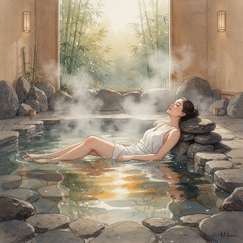 A watercolor painting depicts a person relaxing in a tranquil spa environment with soft brushstrokes.