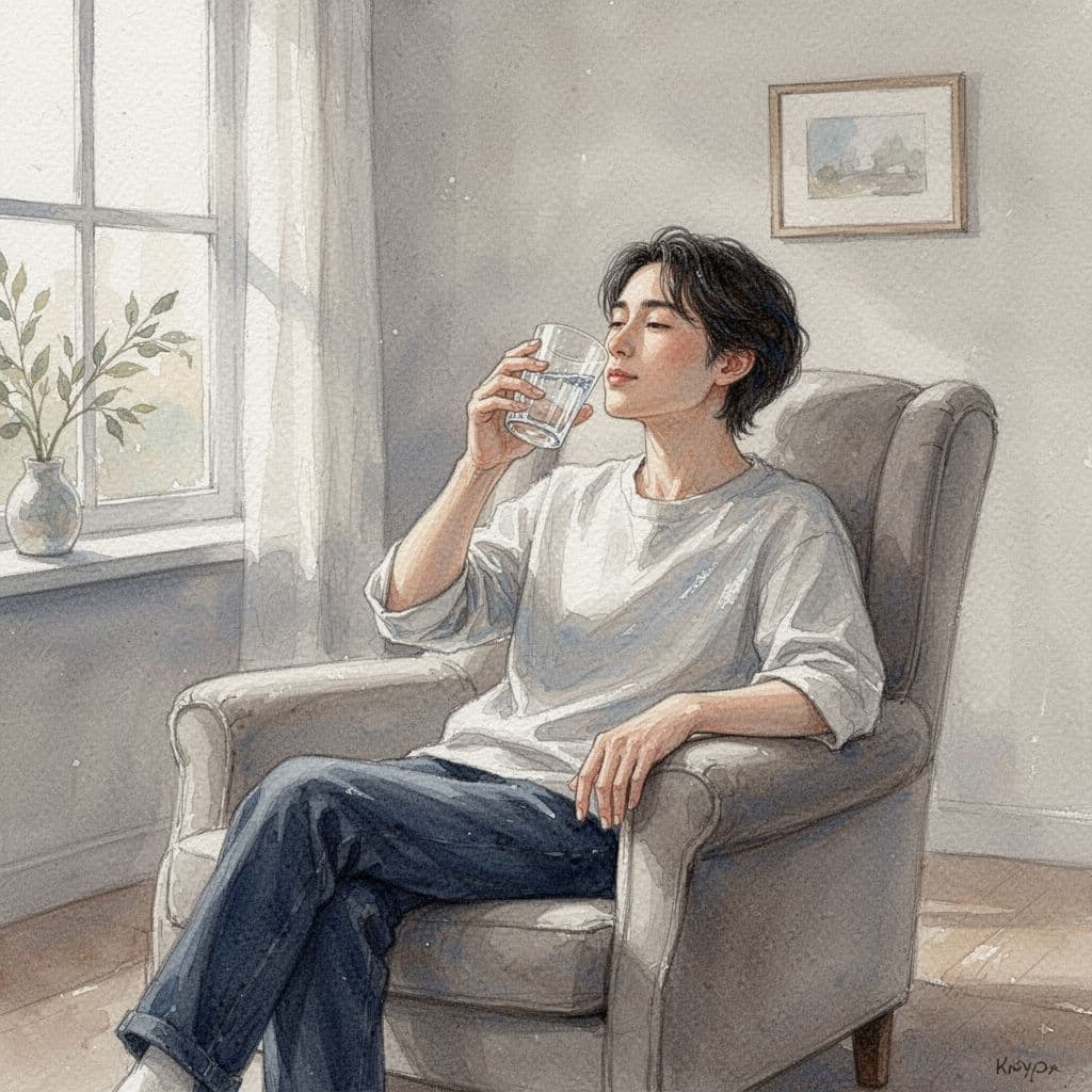 A person sits in a chair holding a glass of water under soft morning light.