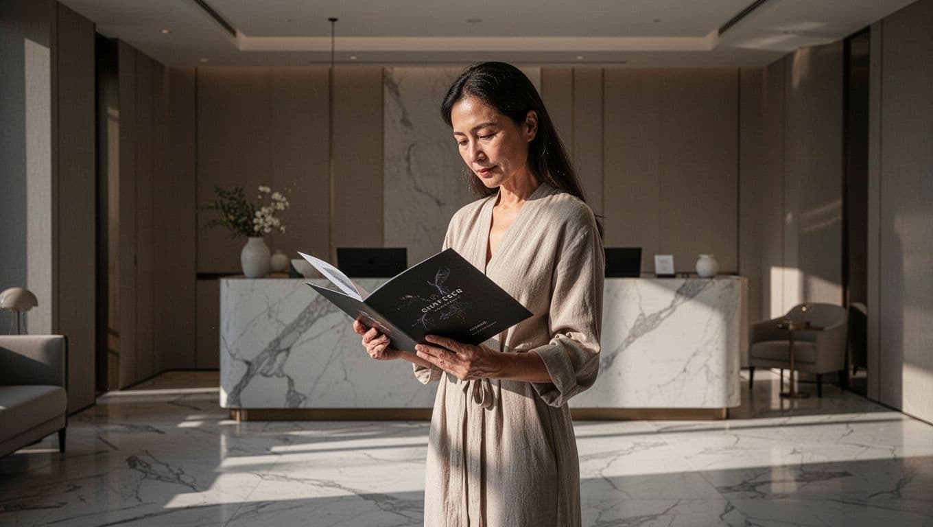 A person stands in a tranquil, minimalist reception area, intently studying a blank menu. Warm, focused light illuminates the textured wall surfaces and elegant stone accents throughout the calming space.