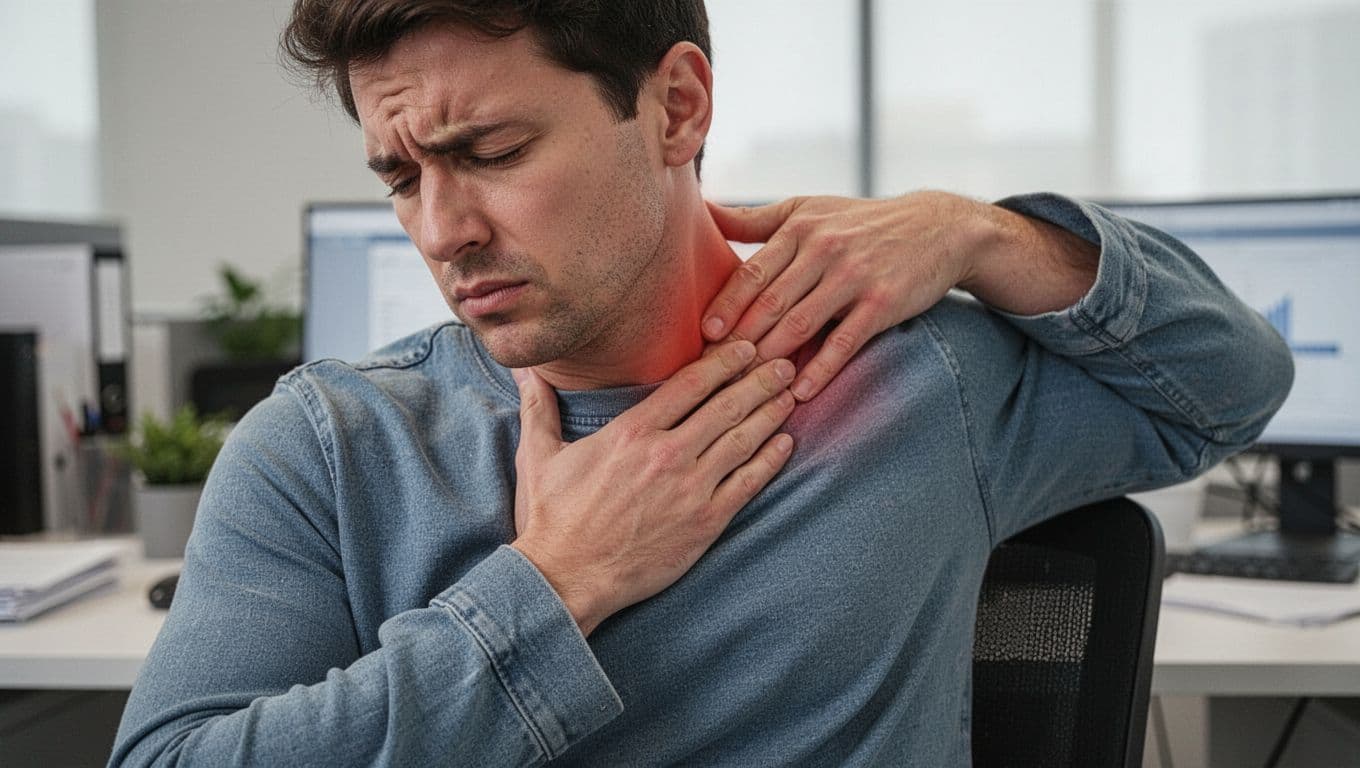 Deep Tissue Massage 7 Close-up of a person in casual clothes gently rubbing their own tight upper back and neck muscles while sitting at a desk, showing subtle signs of chronic tension like furrowed brow and stiff posture under soft office lighting.