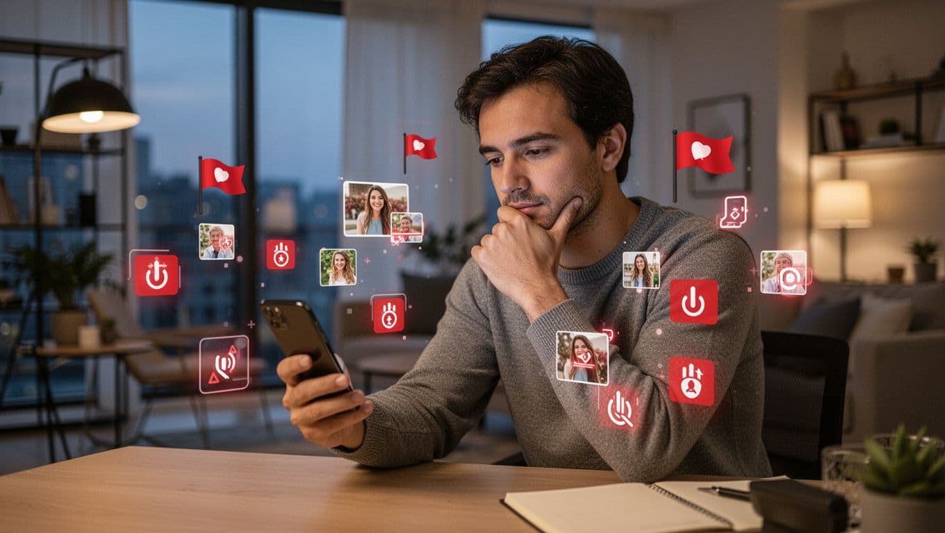A thoughtful person sits at a desk in a modern apartment, closely examining a phone screen displaying subtle warning signs like inconsistent thumbnails and pressure icons, in soft evening light.