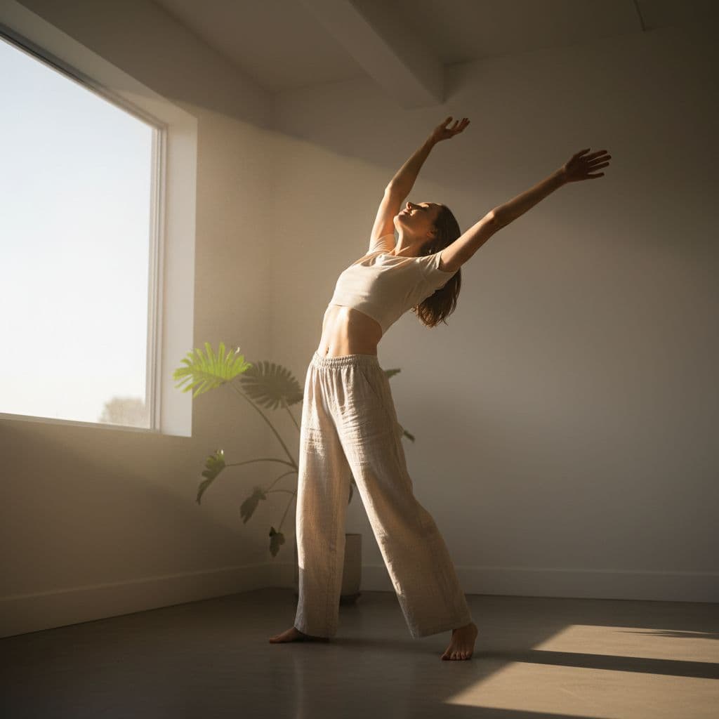 A relaxed individual stands in a minimalist room, reaching their arms upward with a content expression. Golden sunlight streams through a large window, highlighting the warmth of the spacious, airy interior.