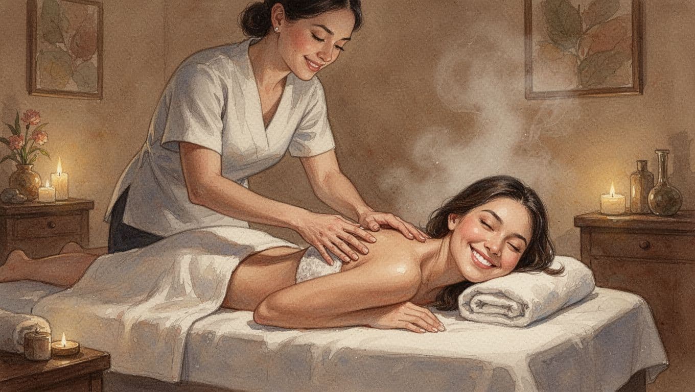 Massage therapist delivering a customized, focused session to a happy client on a table in a warm spa, illustrated in watercolor style with soft blending, brush textures, earth tones, and dim lighting.