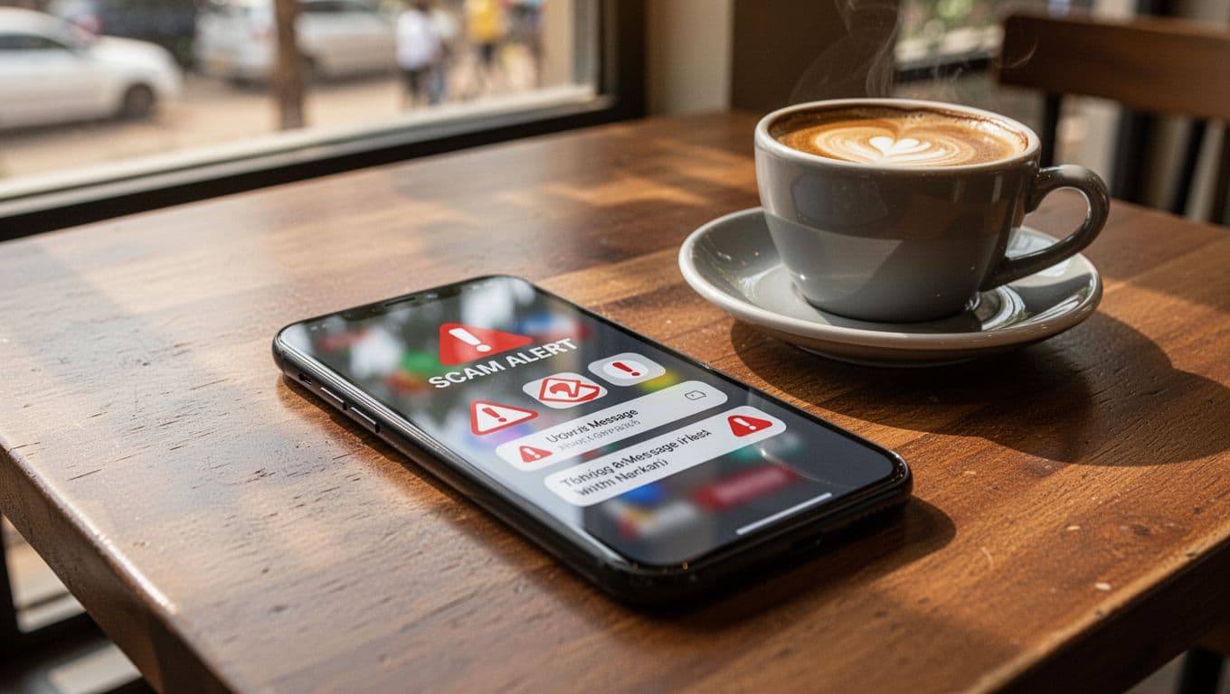 Smartphone on a daytime Nairobi cafe table showing blurred scam alert icons, red exclamation marks, and urgent notifications on screen, with coffee cup nearby and natural sunlight through window.