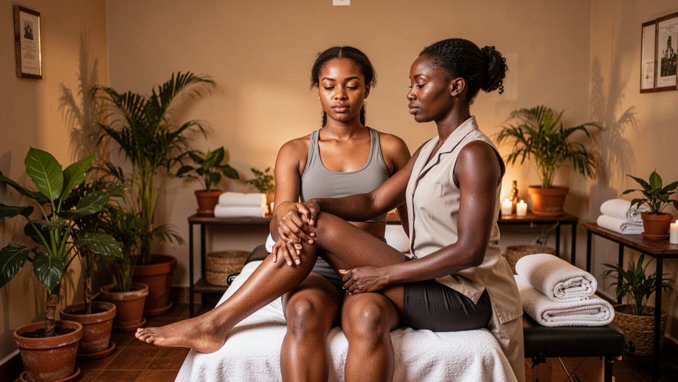 Skilled female masseuse assists relaxed female client in gentle leg stretch on massage table in cozy Nairobi spa, improving flexibility and posture amid warm lighting, plants, and towels. Realistic photo with bold 'Physical Boost' header in dark-green band.