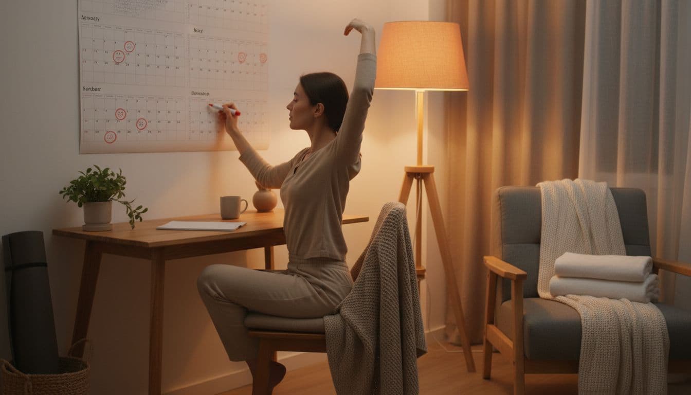 A relaxed person at a home desk circles massage appointment dates on a monthly calendar, with a yoga mat nearby for gentle stretching in a cozy living room illuminated by warm lamp light, post-shower towel on chair.