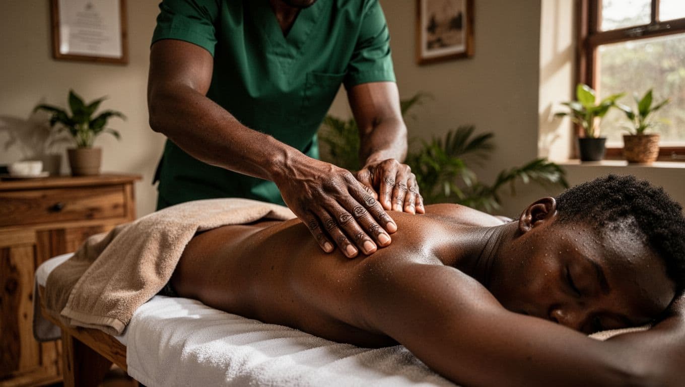 Massage therapist applying precise neuromuscular technique (PNMT) to a client's shoulder on a massage table in a serene Nairobi therapy room, with 'PNMT Precision' headline in muted dark-green band at top, soft natural lighting, high contrast.