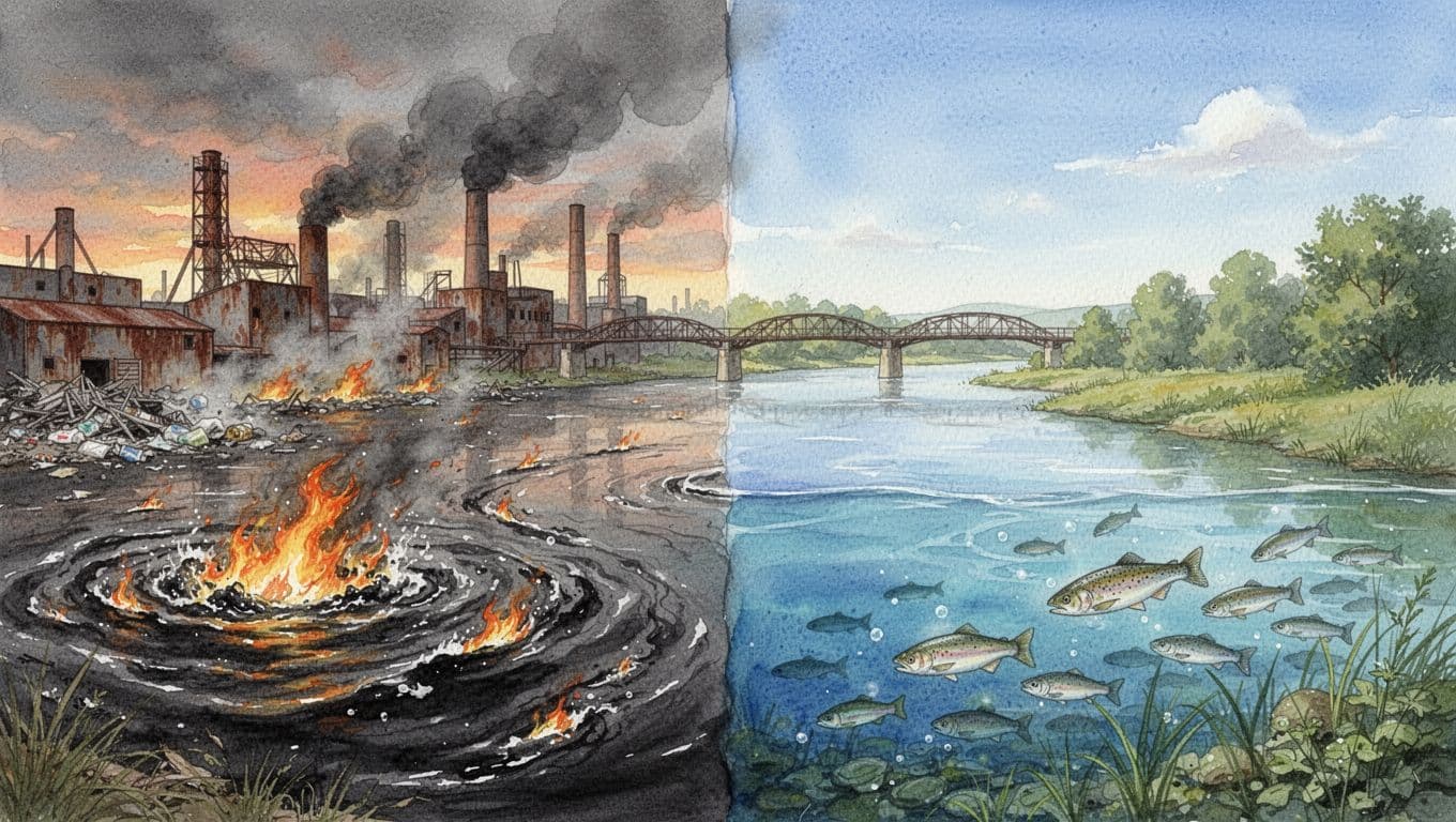 Dramatic watercolor split scene showing a 1970s polluted industrial river on fire transitioning to a clean river with lush banks and jumping fish, symbolizing environmental evolution from disaster to protection.