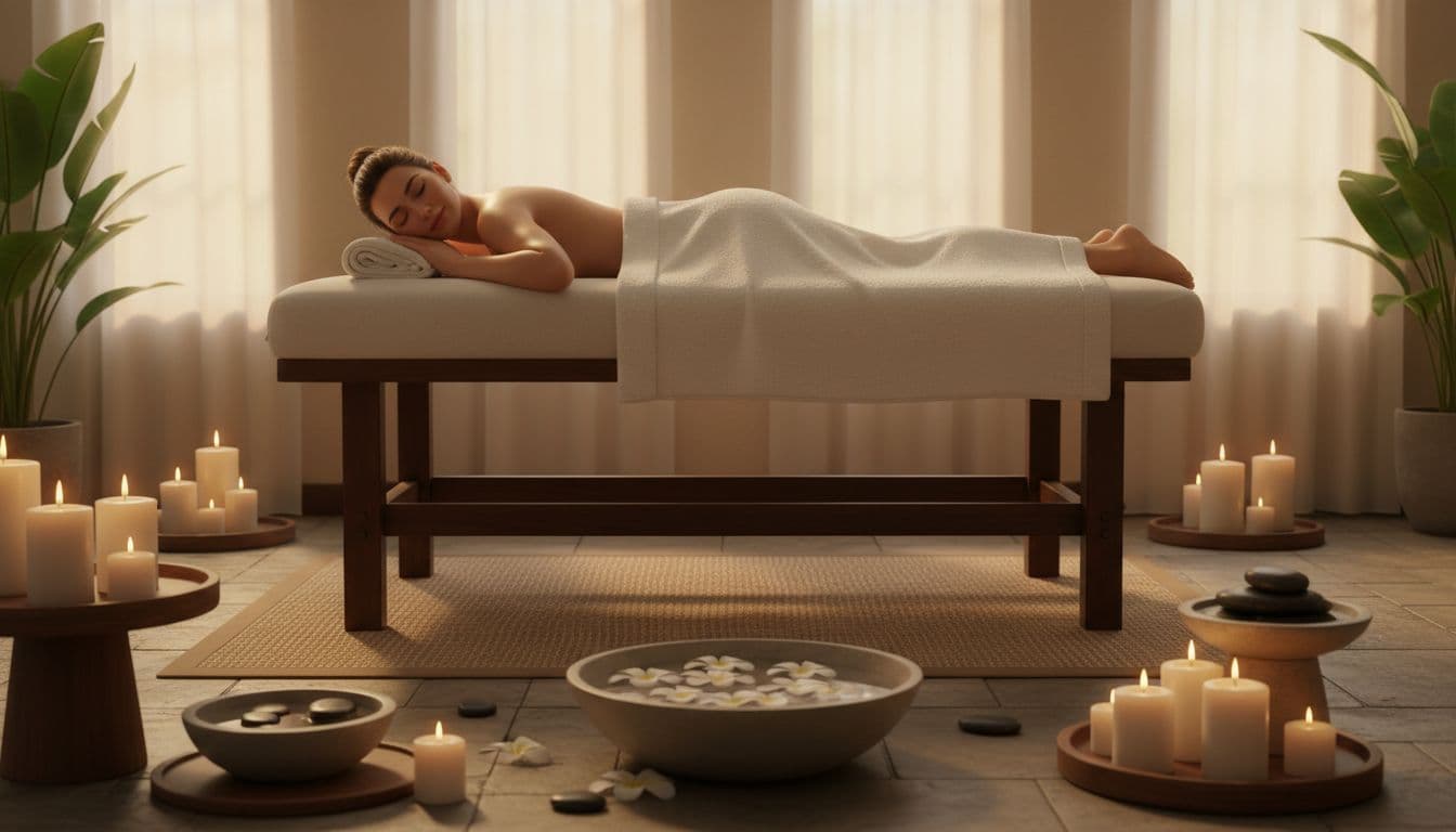 A person lies serenely on a massage table draped with a towel in a tranquil spa room, surrounded by candles and stones under warm golden hour lighting, capturing pure post-massage peace.