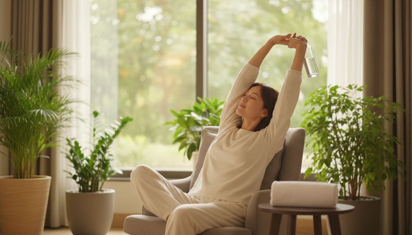 A relaxed person sits in a serene spa lounge after a massage, drinking water from a glass bottle while lightly stretching arms overhead, with a fresh towel nearby and natural light from a window.