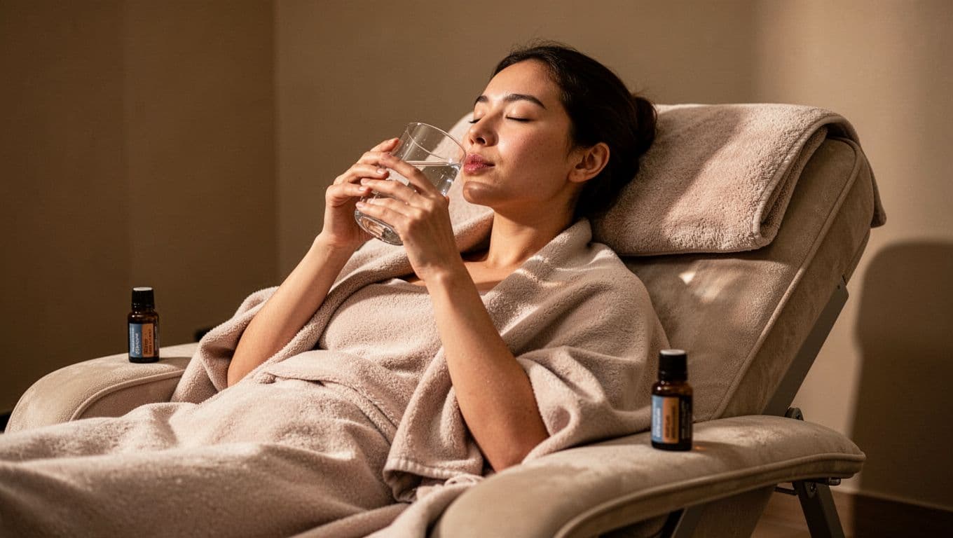 Contented person lounging on plush spa chair post-massage, sipping water with serene closed eyes and light blanket, essential oil nearby in dim recovery room. Bold 'Aftercare' headline on dark-green band at top.