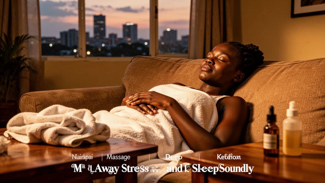 A mid-30s Kenyan woman lies in deep peaceful sleep on a couch in a cozy Kilimani apartment after a massage, with rumpled towel and essential oil nearby, faint Nairobi skyline at dusk.