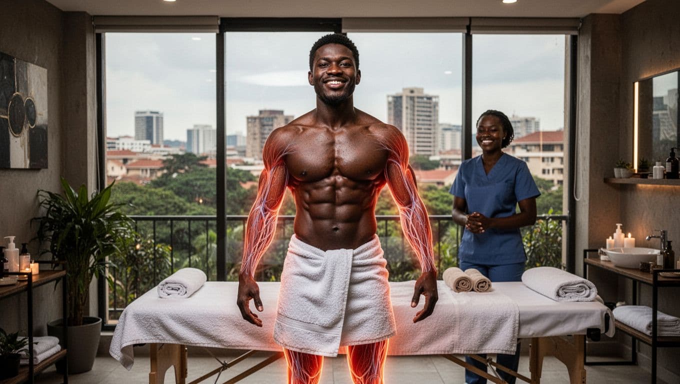 One client standing energized with glowing skin and toned muscles post-massage in modern Kilimani Nairobi spa, subtle blood flow warmth on arms and legs, soft towel around waist, smiling therapist in background.