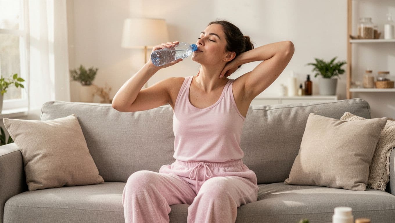 Massage SPA in Kilimani: A Practical Guide to Relaxation 14 A content person in comfortable loungewear drinks water and does a gentle neck stretch while sitting on a couch in a bright living room, embodying a serene post-spa aftercare moment with natural light and relaxed posture.