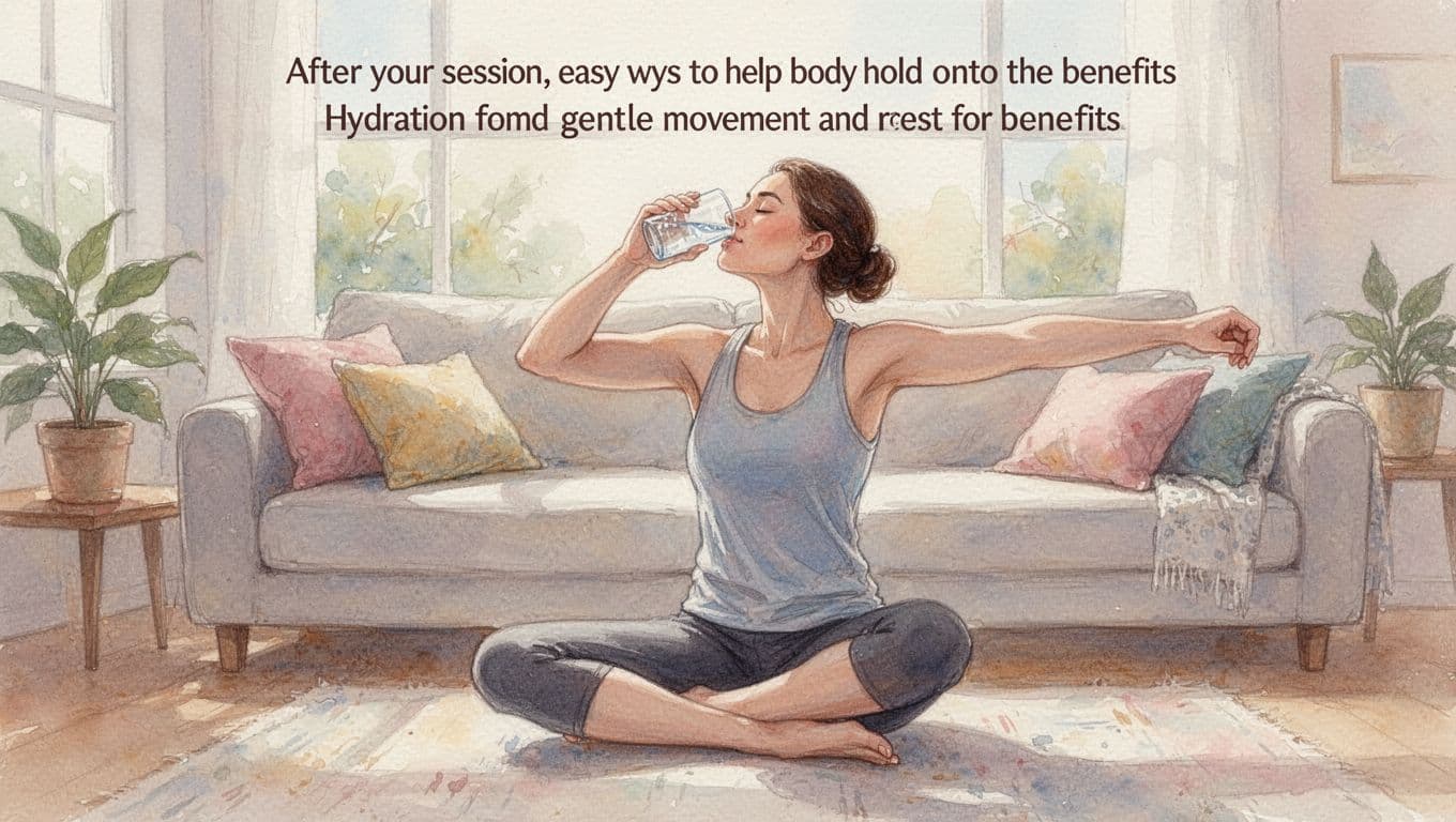 A relaxed person sits in a cozy living room, drinking water from a glass while performing a gentle seated arm stretch after a massage, full body side view in watercolor style with soft blending and warm pastel tones.