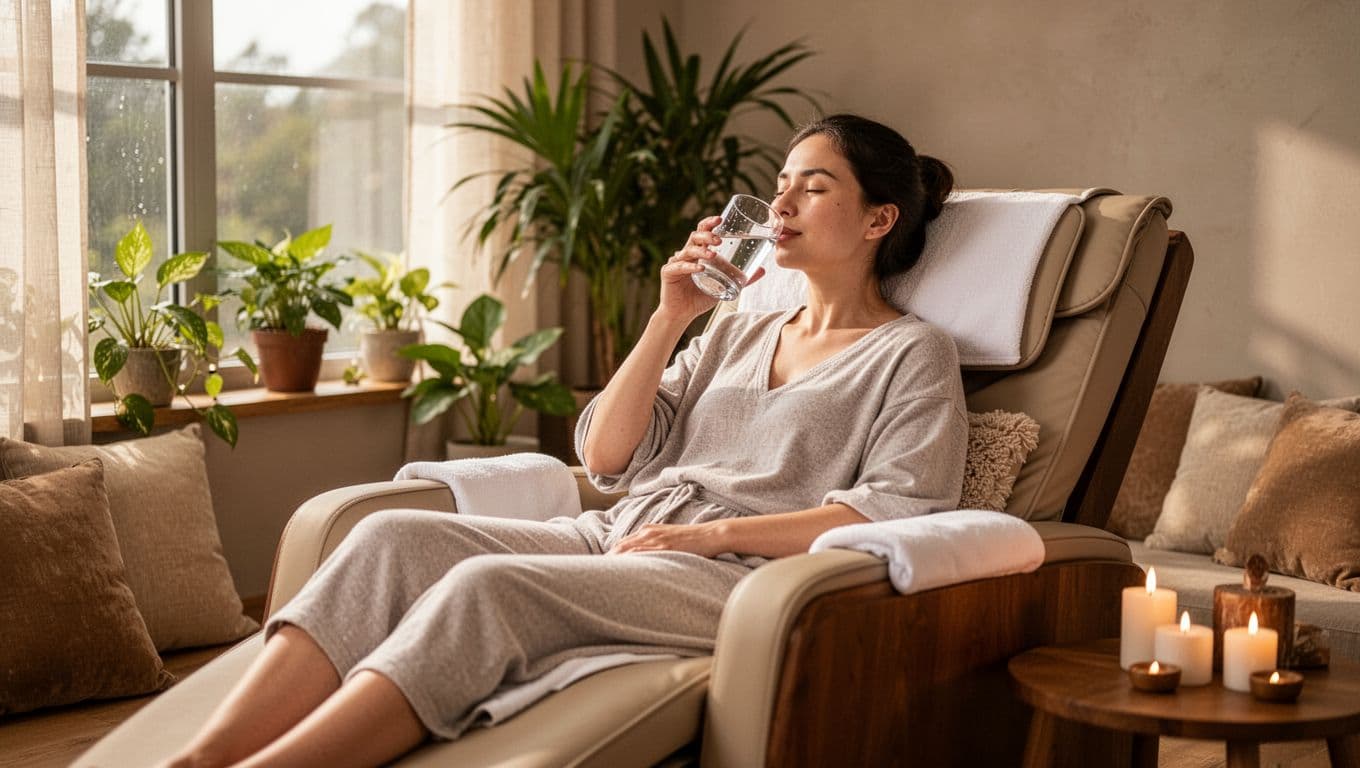 Massage 12 A serene person sits comfortably in a spa lounge chair after a massage session, drinking clear water with a relaxed expression amid soft natural light, plants, and cushions.