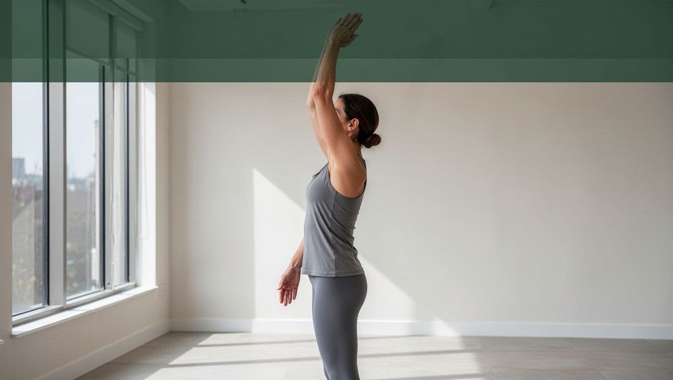 Client standing tall with improved posture after deep tissue massage, arms raised in stretch highlighting flexible shoulders and back in a bright modern spa room, full-body side view.