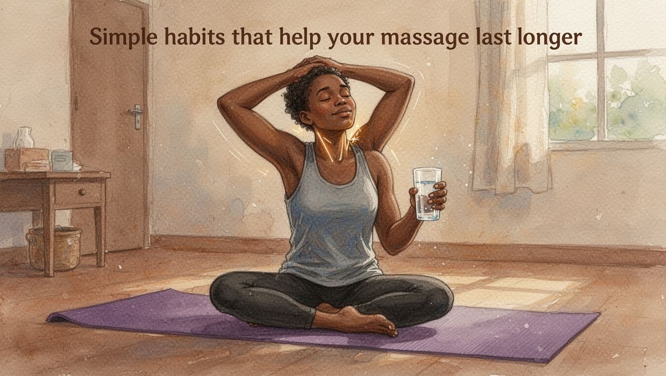 A content person in a simple Nairobi apartment does a light neck stretch while holding a glass of water after a massage, with a relaxed expression and yoga mat nearby, in watercolor style with soft blending and warm earthy tones.
