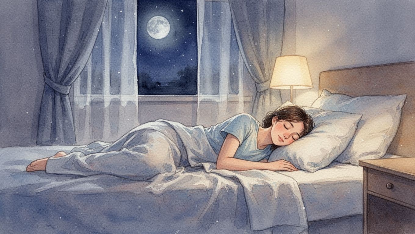 A relaxed young adult sleeps peacefully in a comfortable bed with soft moonlight and lamp glow, capturing post-massage calm in watercolor style.